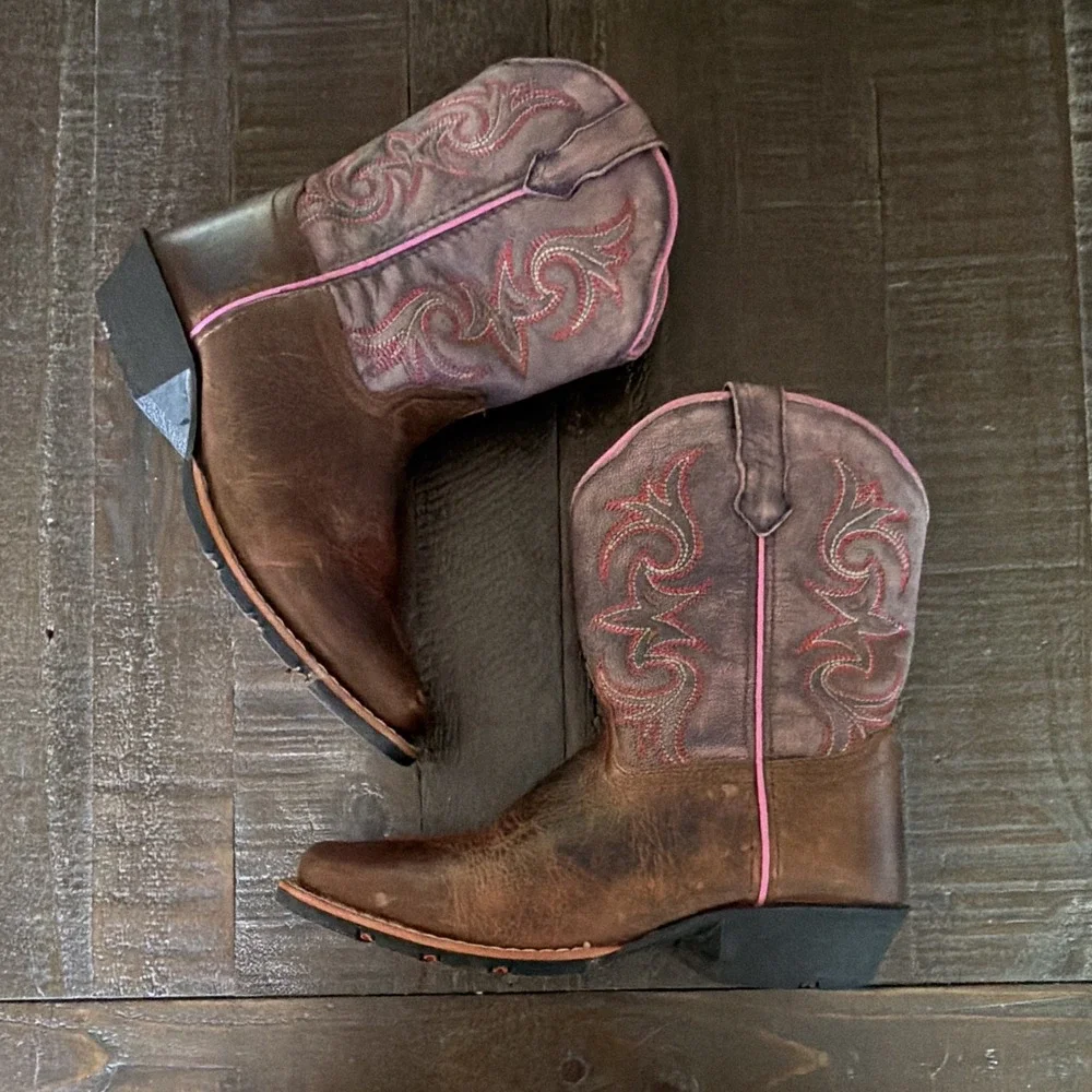 Dan Post Kids Western Leather Boots Embroidered Square Toe Pull-On US 3 DPC2947